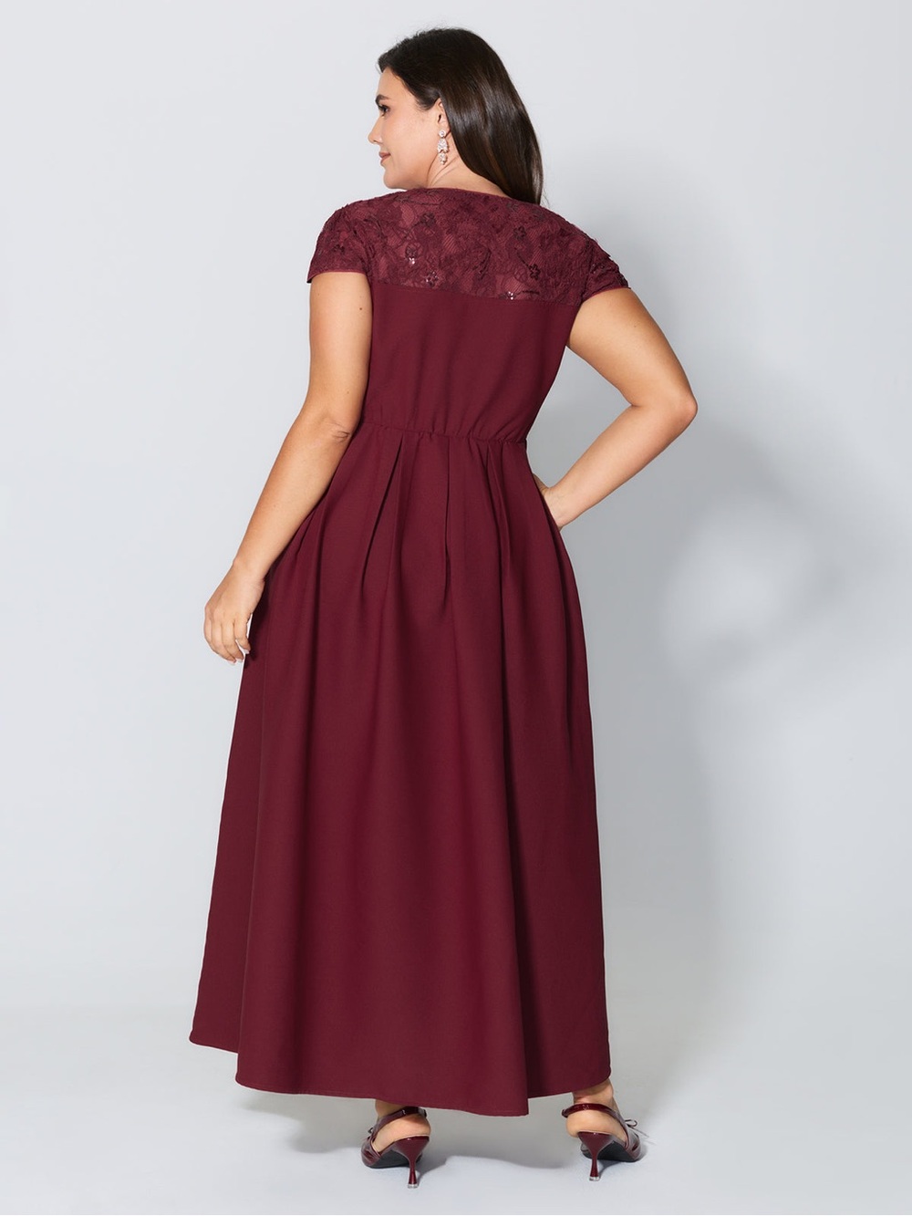 BloomChic Burgundy Square Neck Maxi Dress with Lace Cap Sleeves - Picture 3 of 9
